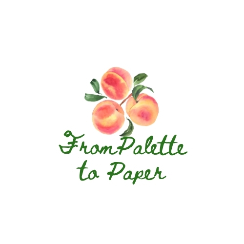 watercolor peaches on white background with website title "From Palette to Paper" in cursive