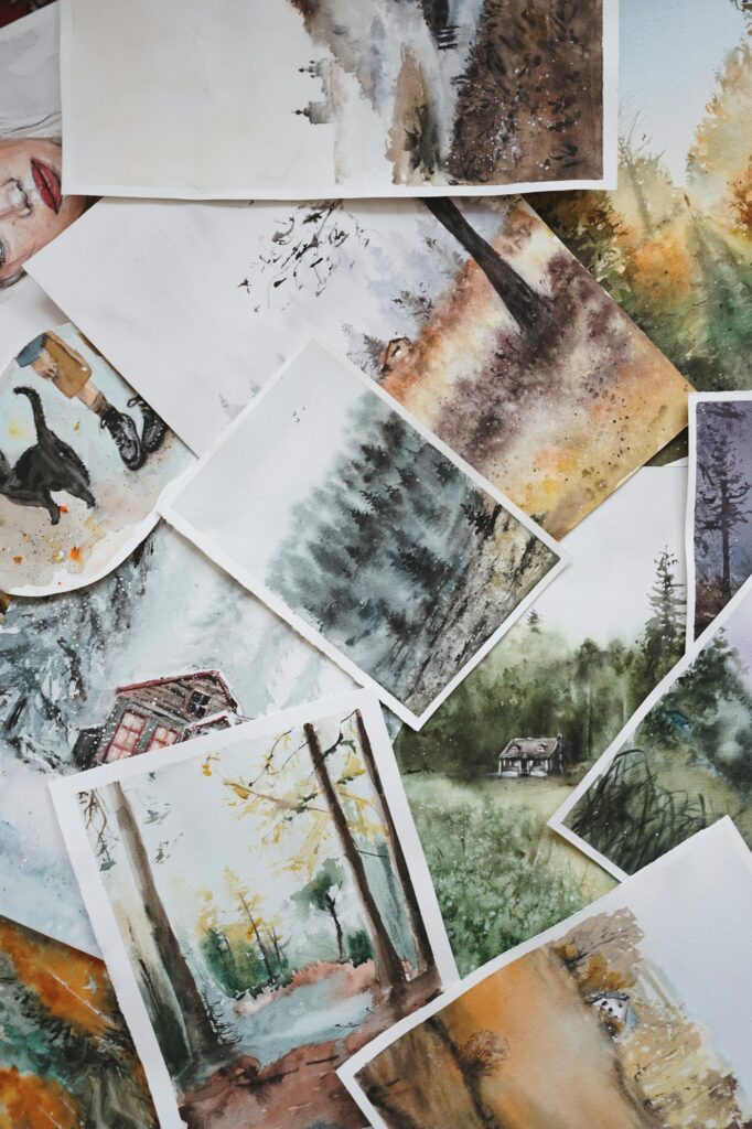 landscape watercolor paintings of trees, forests, and a black cat